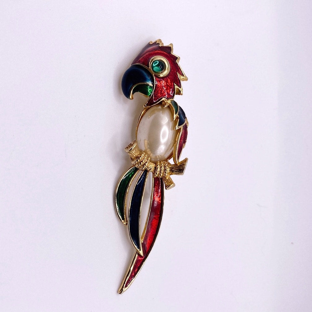 Vintage Large Parrot Brooch Faux Pearl Jelly Belly Unsigned