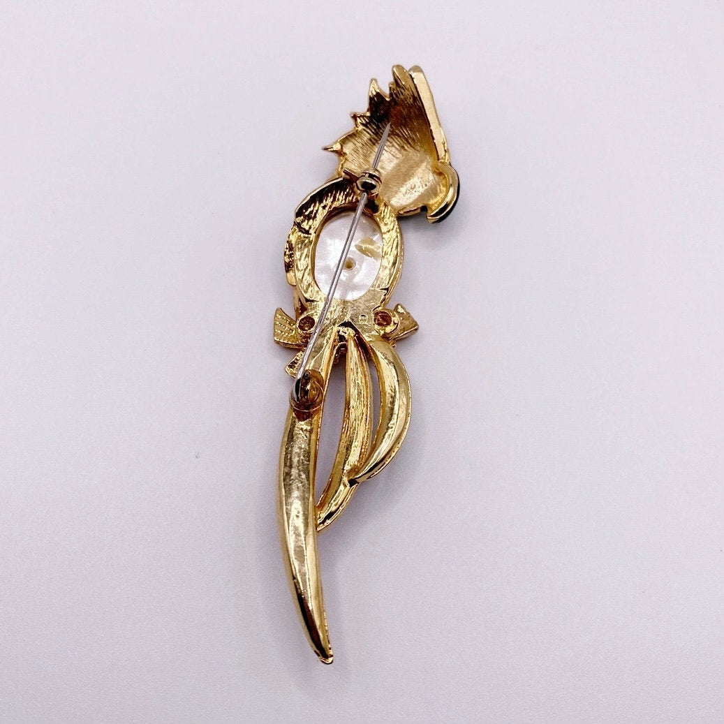 Vintage Large Parrot Brooch Faux Pearl Jelly Belly Unsigned