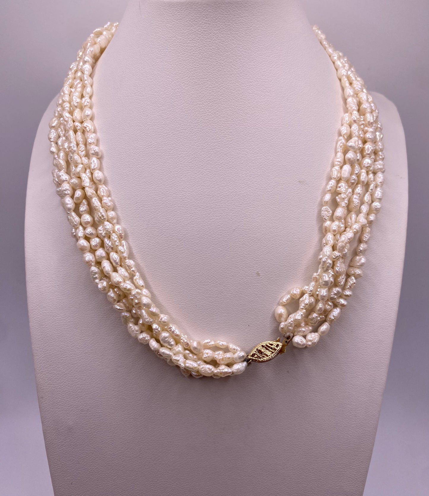 Multistrand Freshwater Rice Pearls Necklace with 14k Clasp