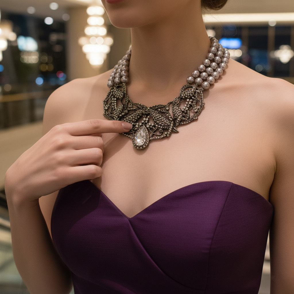 Hedi Daus Vintage Statement Necklace with Faux Pearls and AB Rhinestones Birds Motifs