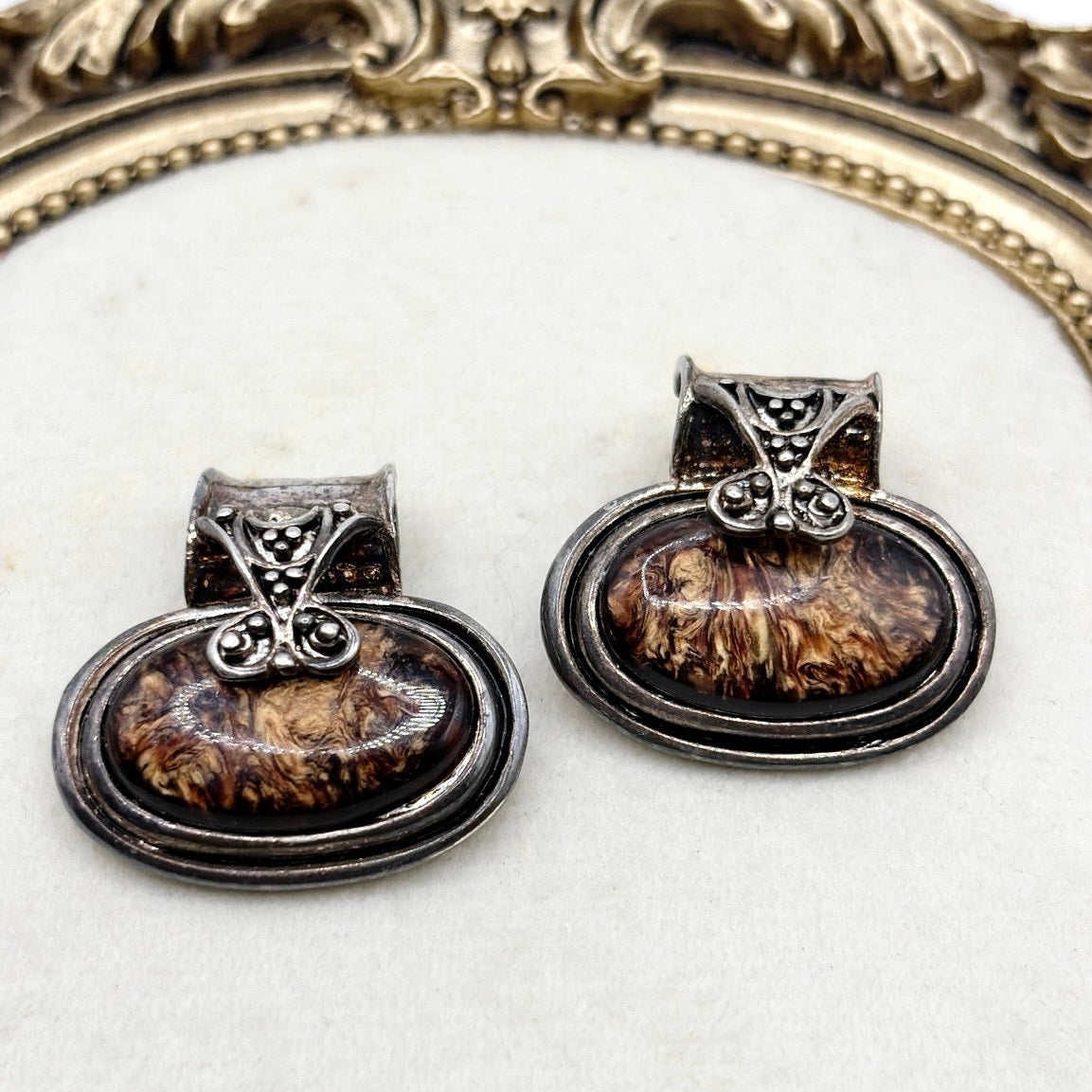 Vintage Gunmetal Tone Retro Style Studs with Brown Marble Stone