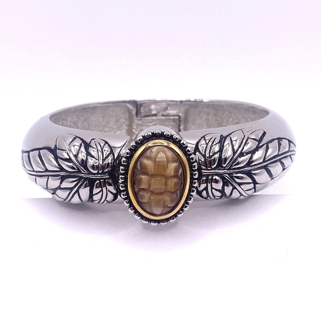 Silver Tone Cuff Glow Moon Carved Stone