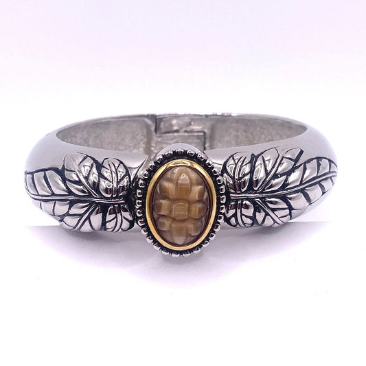Silver Tone Cuff Glow Moon Carved Stone