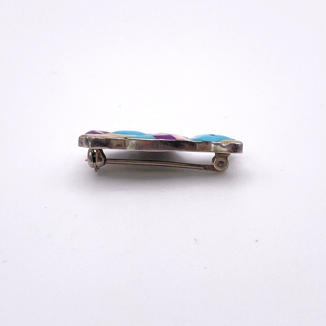 Native American Western Sterling Silver Cat Small Brooch Inlaid Gemstones