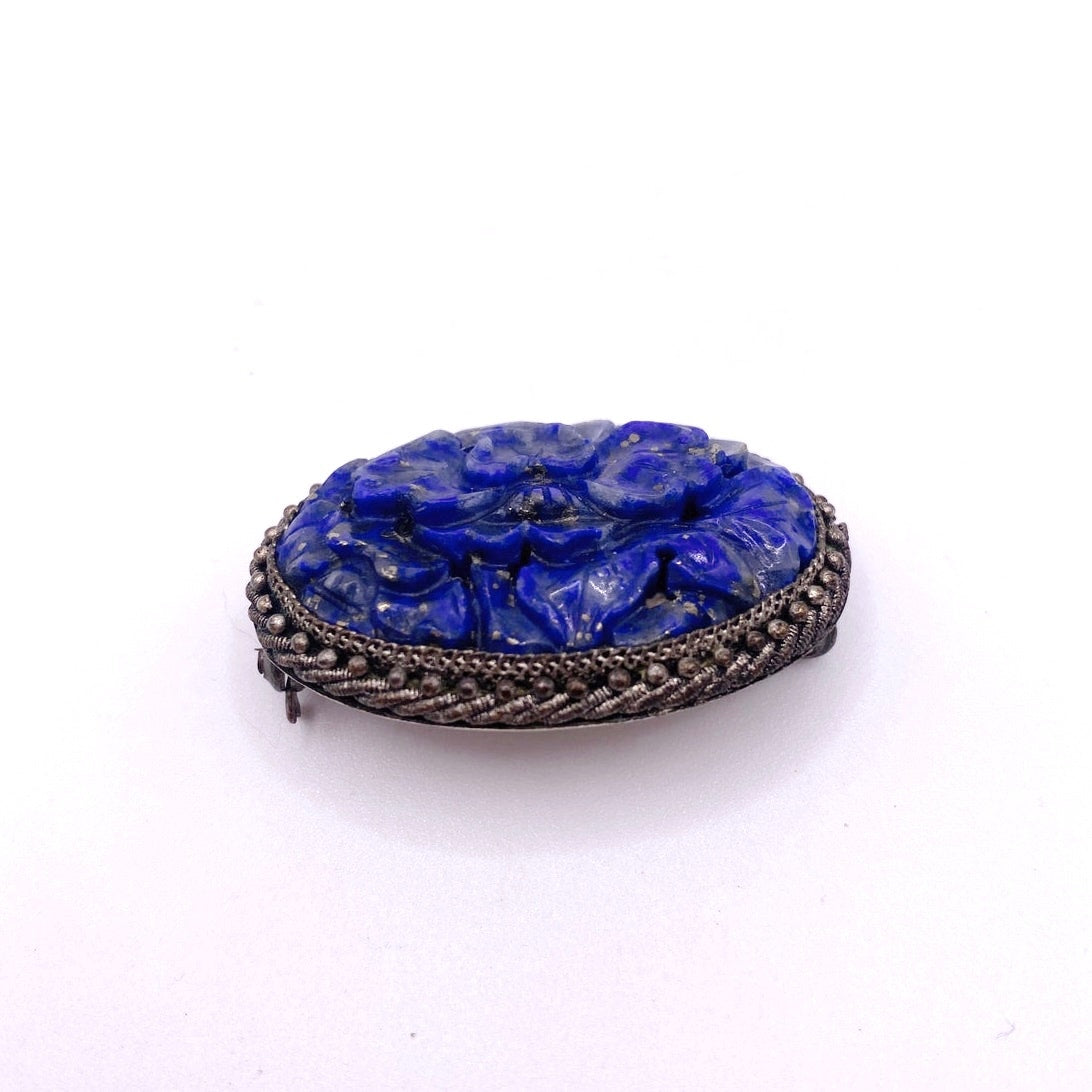 Antique Export China Lapis lazuli Carved Floral Brooch Brass