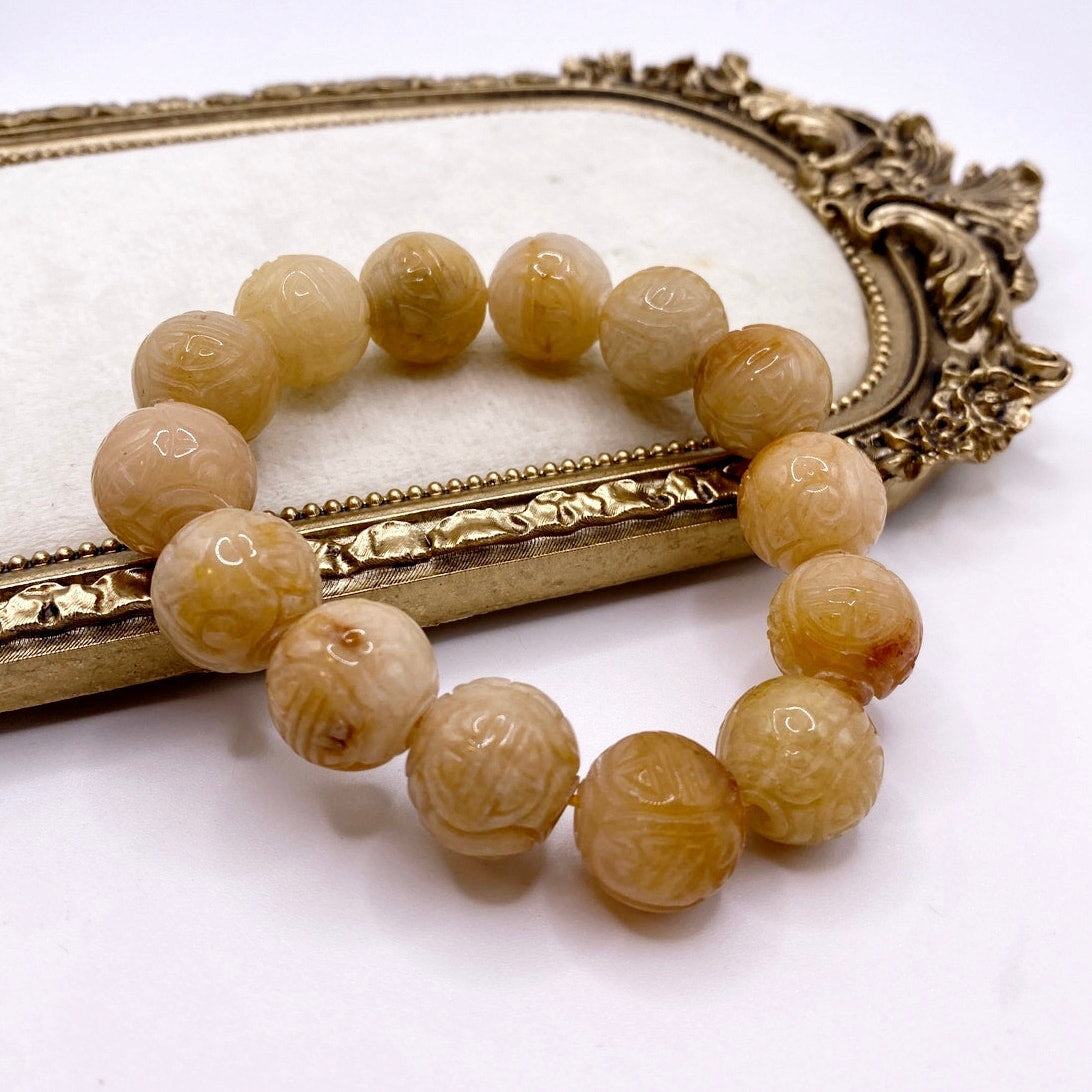 Burmese Carved Jade Bead Stretchy Bracelet - Natural Yellow Jade (12mm) 7-8”