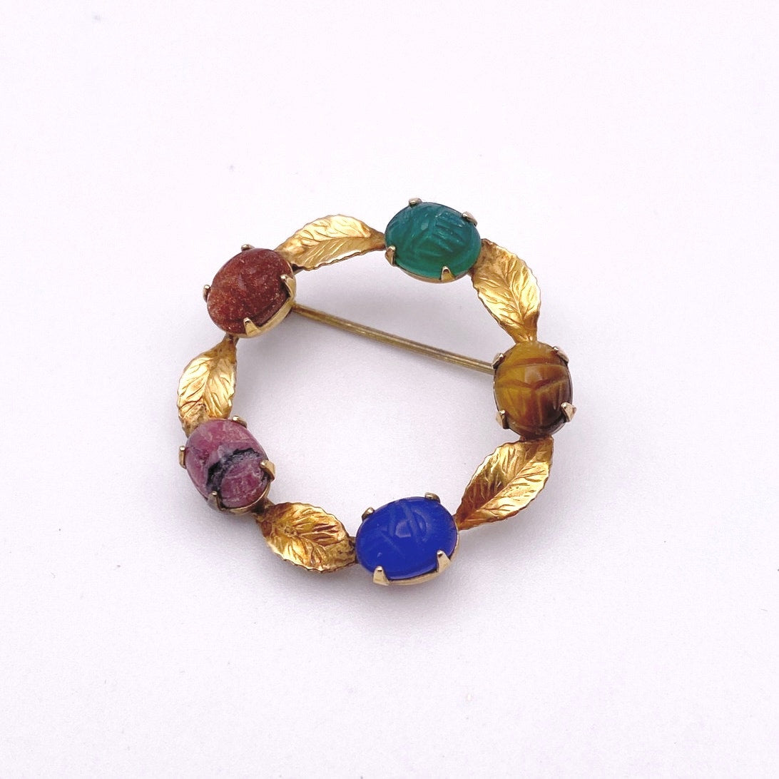 Vintage Gold Plated Filigree Brooch Egyptian Revival with Gemstones Scarabs