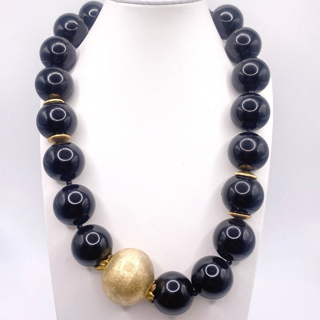 Vintage Black Onyx And Venetian Metal Golden  Spheres Chunky Necklace 14”