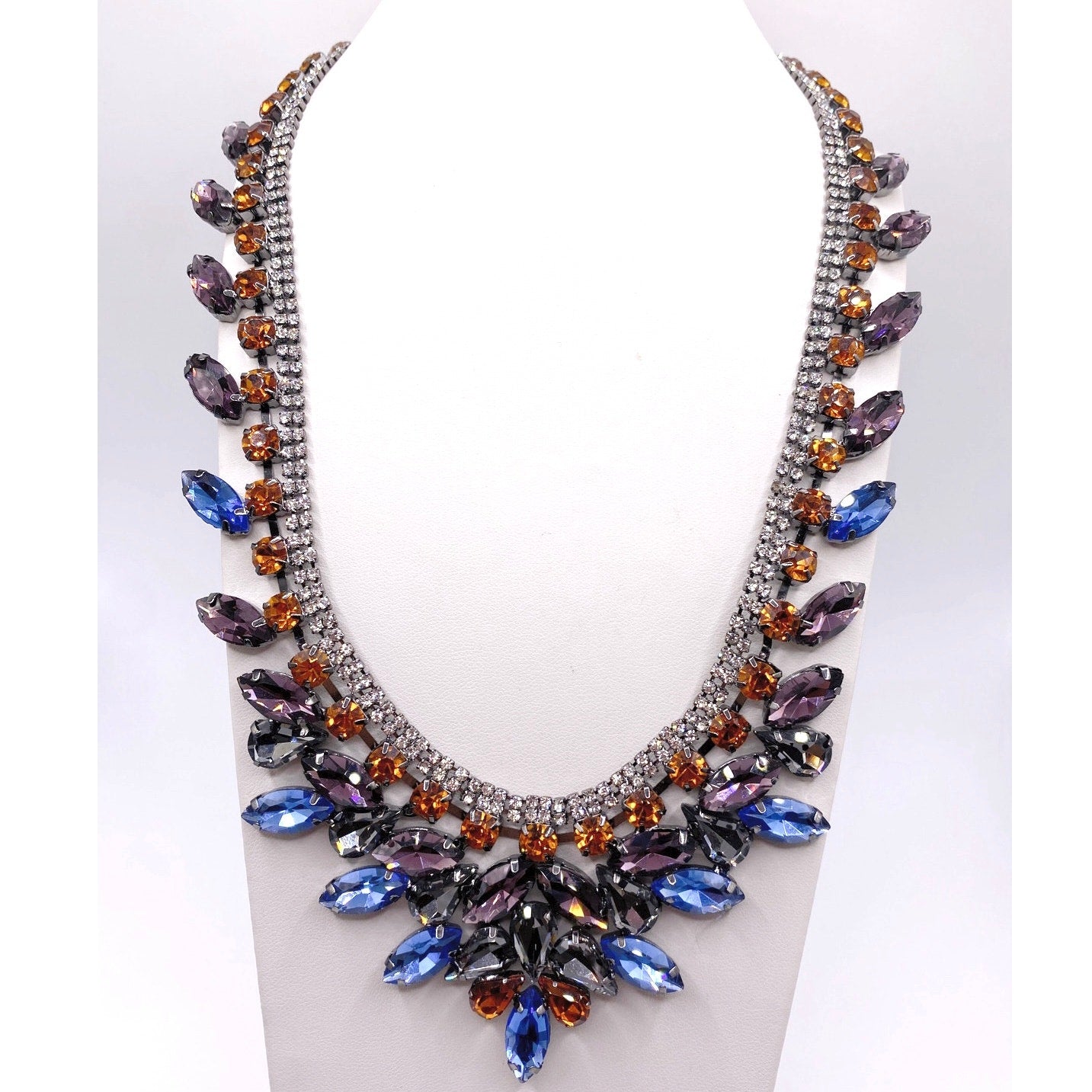Full Rhinestones Statement Necklace Gunmetal Tone and Blue Orange Purple 18”