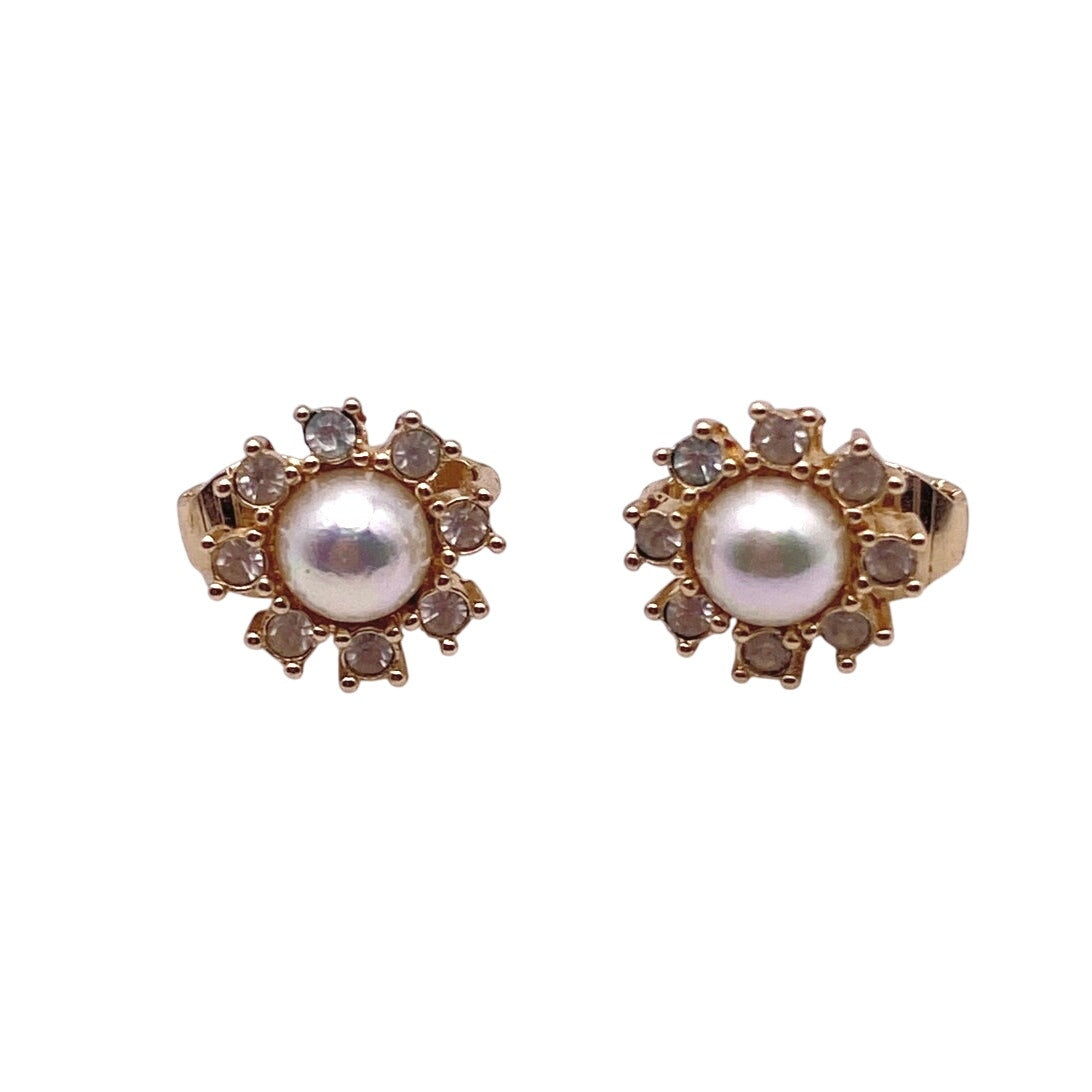Christian Dior Vintage Small Clip On Earrings Gold Plated Flower Rhinestones