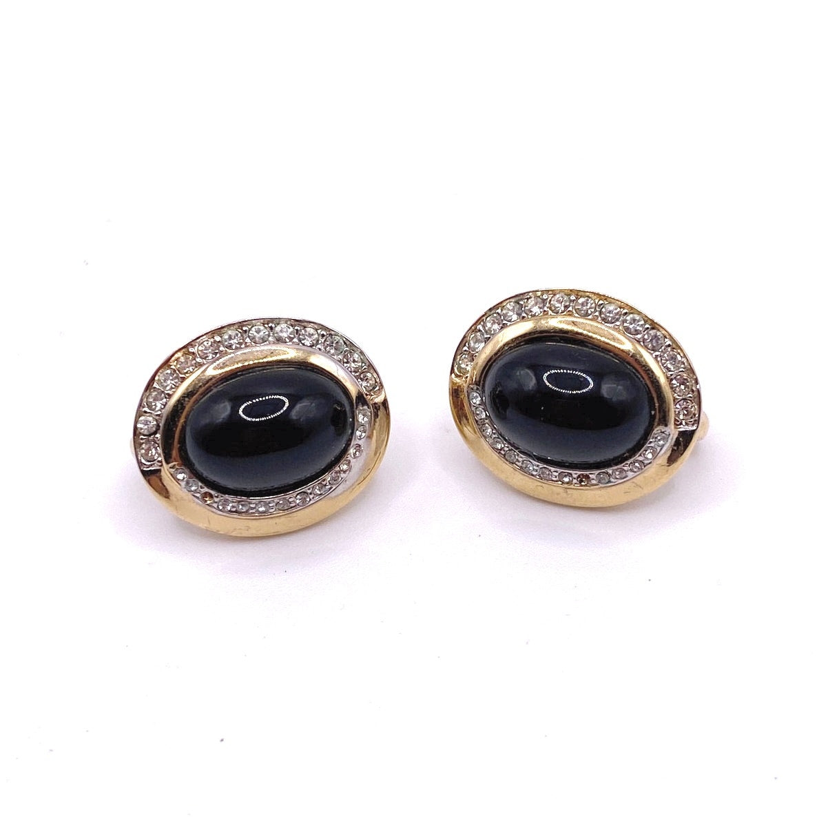 Nina Ricci Signed Gold Tone and Black Retro Suds Earrings with Rhinestones