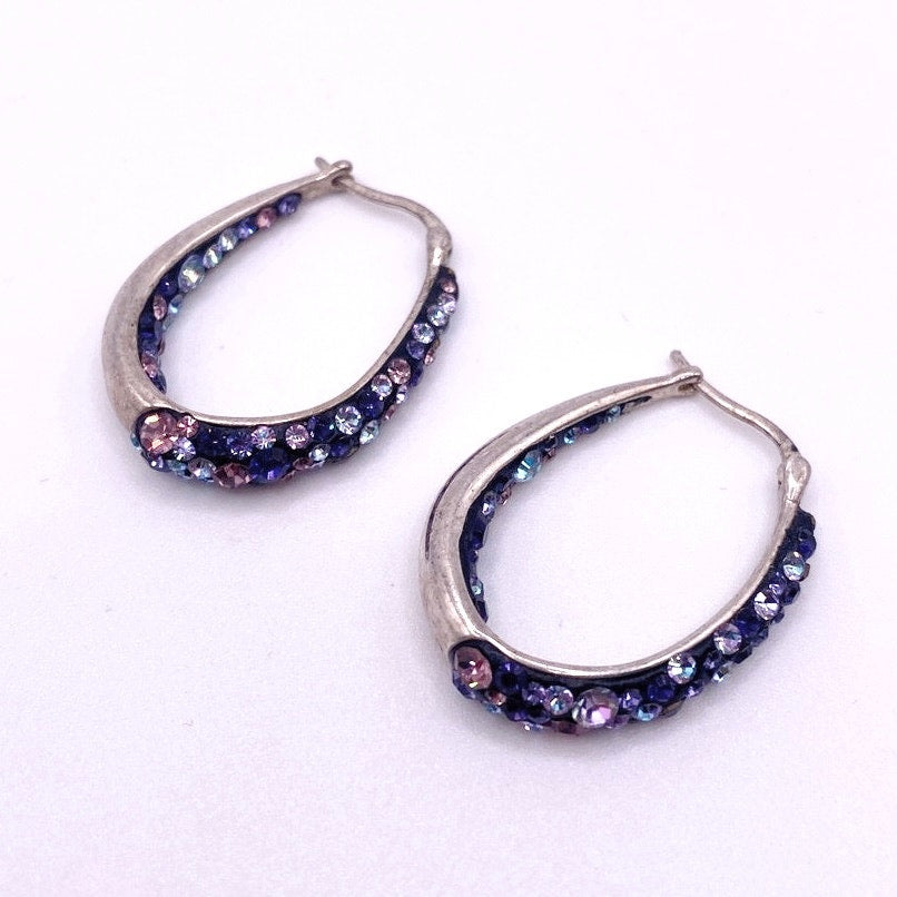 Vintage Hoops Earrings Brass and Pave Purple Crystals
