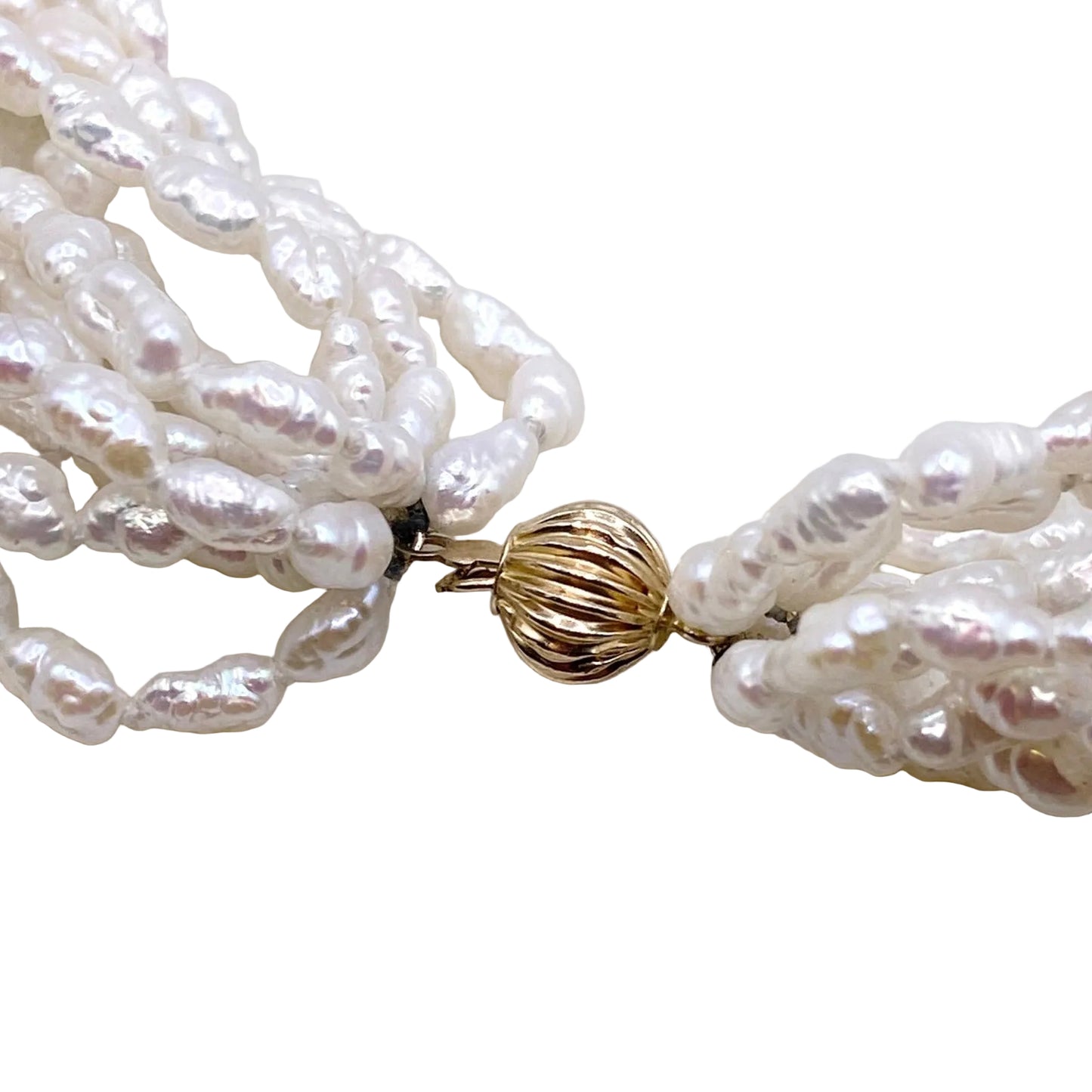 PJS Signed and 14K Closure Vintage Rice Mother of Pearl Multilayered Necklace 16”