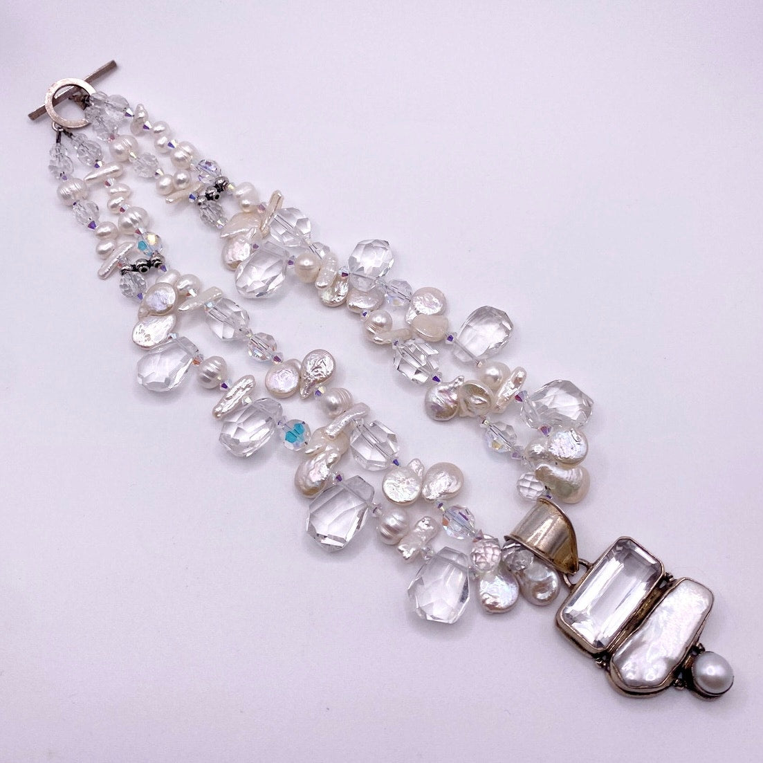 Saki Sterling Silver Necklace With Mother of Pearl and Faceted Quartz Stones 16”