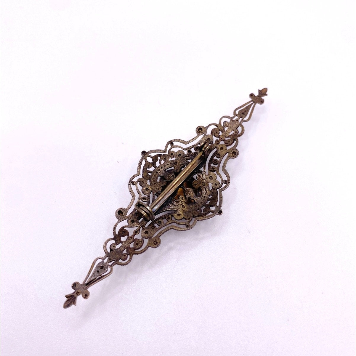 Antique Edwardian Era Brass filigree large 3” Brooch With Purple Glass Rhinestone