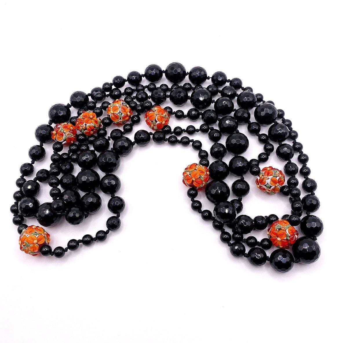 Black Opera Necklace Extra Long 66” Knotted Onyx and Murano Glass Millefiori Orange Beads