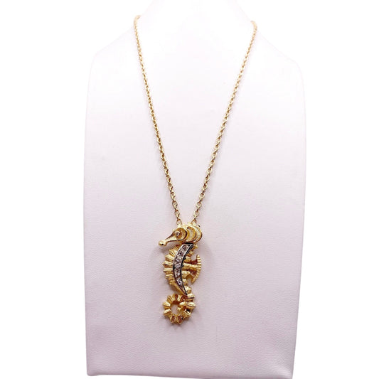 J.Jay Signed Vintage Necklace with Sea Horse Pendant Gold Tone and Rhinestones