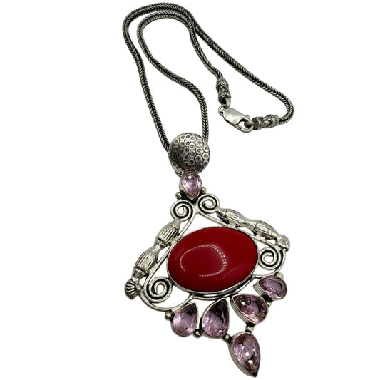 Sterling Silver Necklace 16" and Pendant 3" With Faux Coral and Amethyst Stones