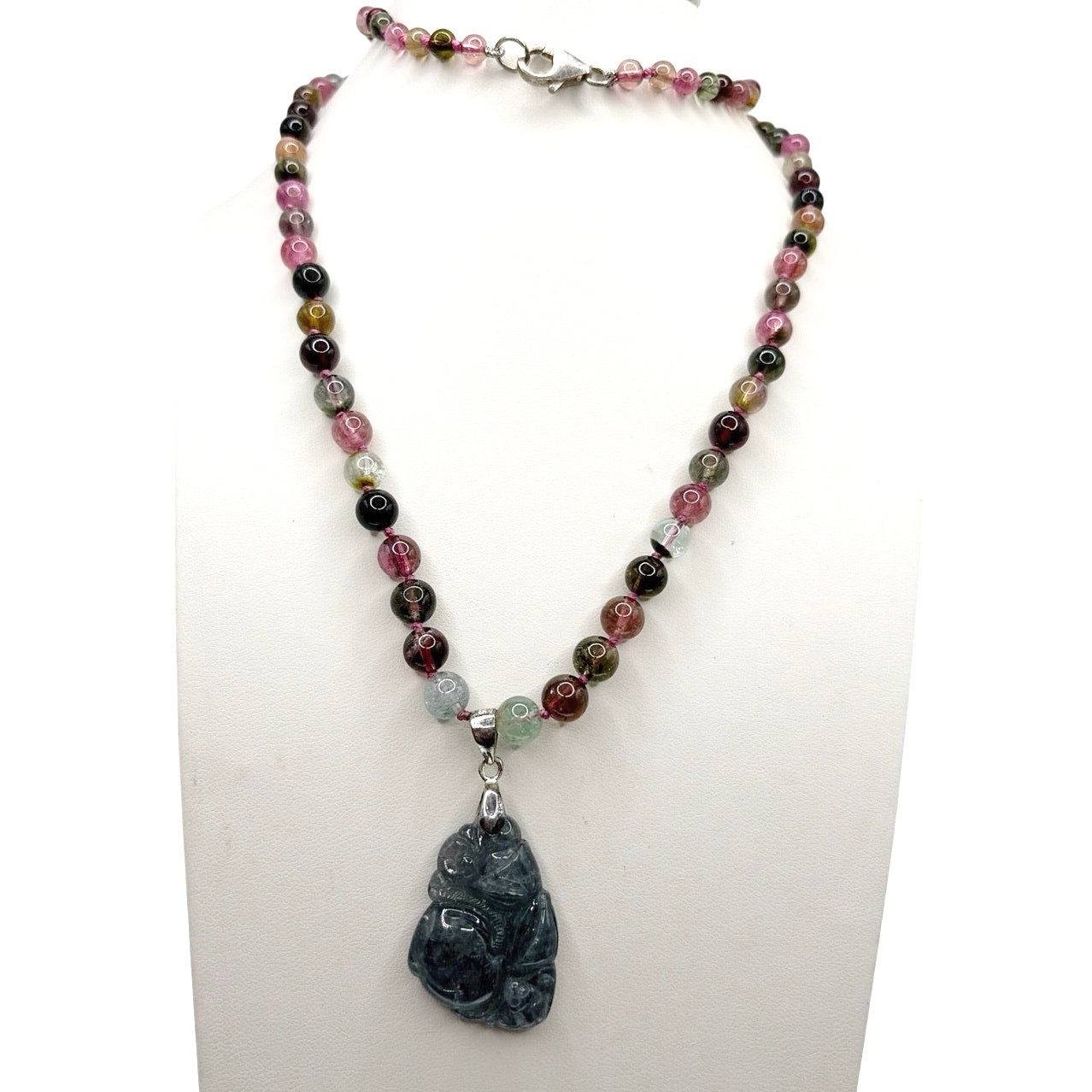 Large Tourmaline 24” Necklace With Carved Stone Pendant and Sterling Closure
