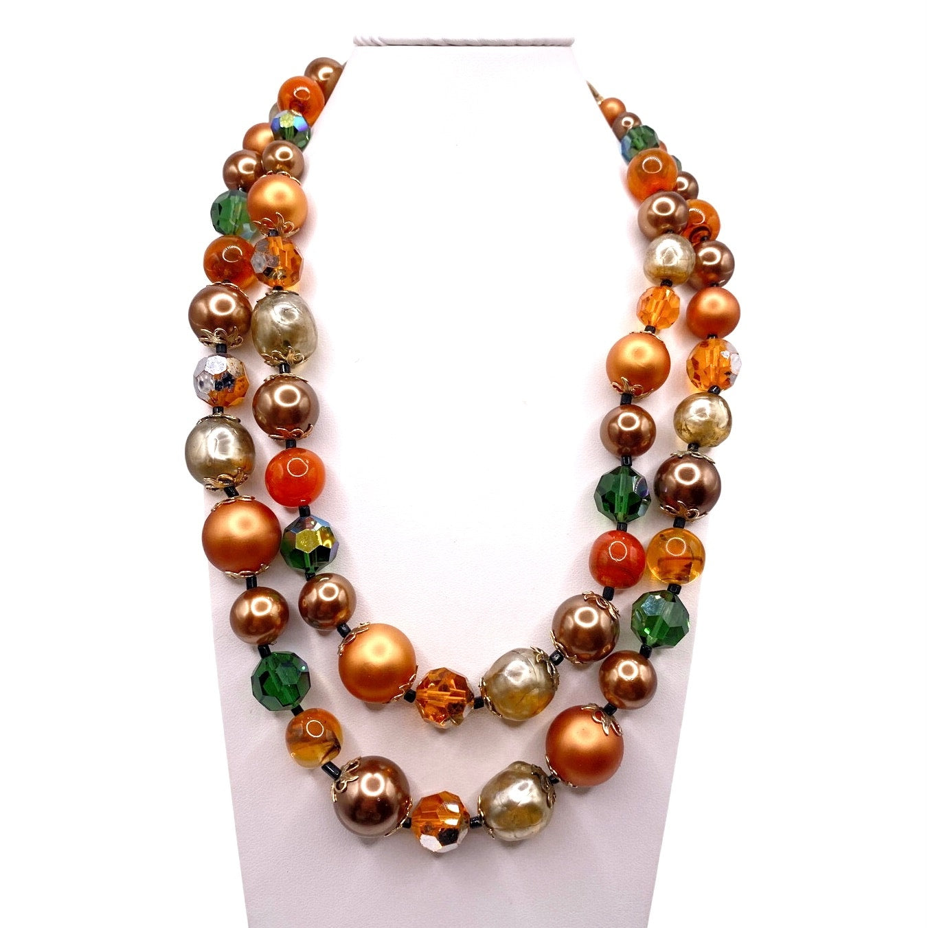 Vendome Lucite Beads Signed Autumn Tones Necklace and Clip On Earrings Set