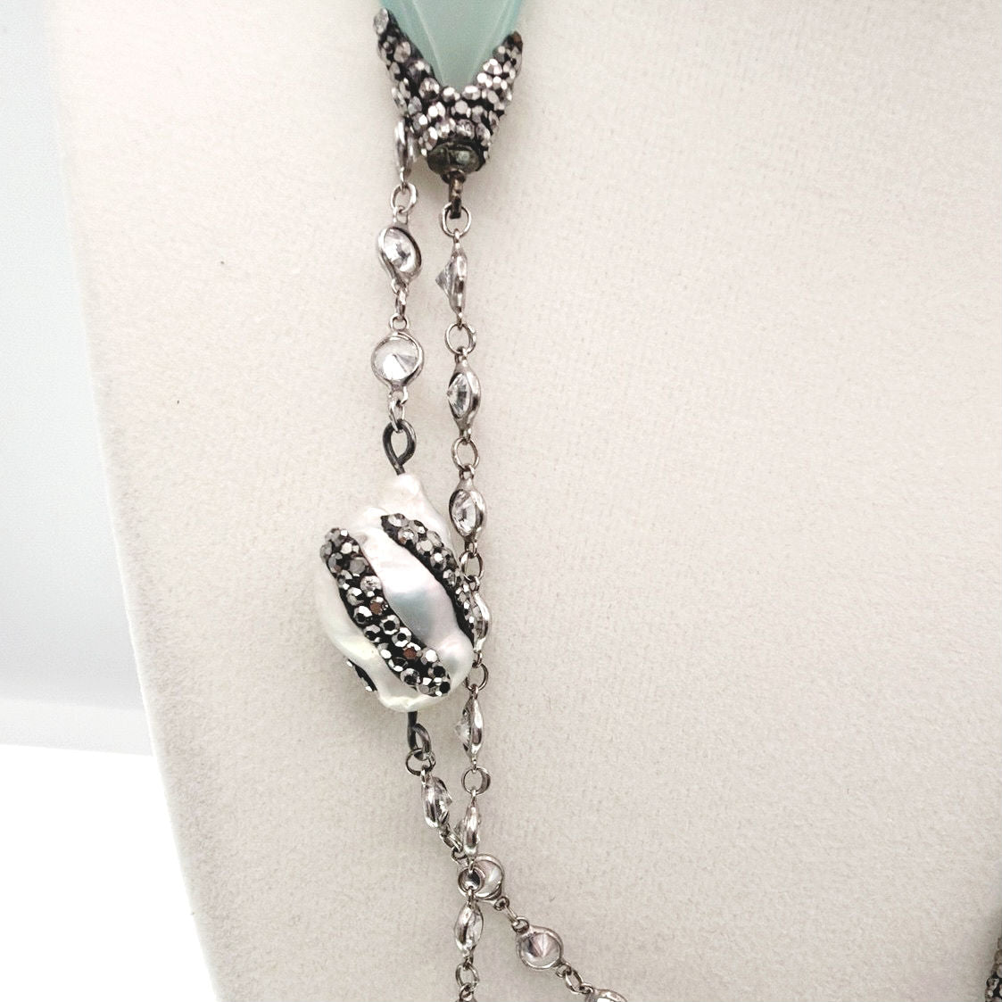 Sterling Silver Necklace Chalcedony Charms and Fresh Water Pearls 40”