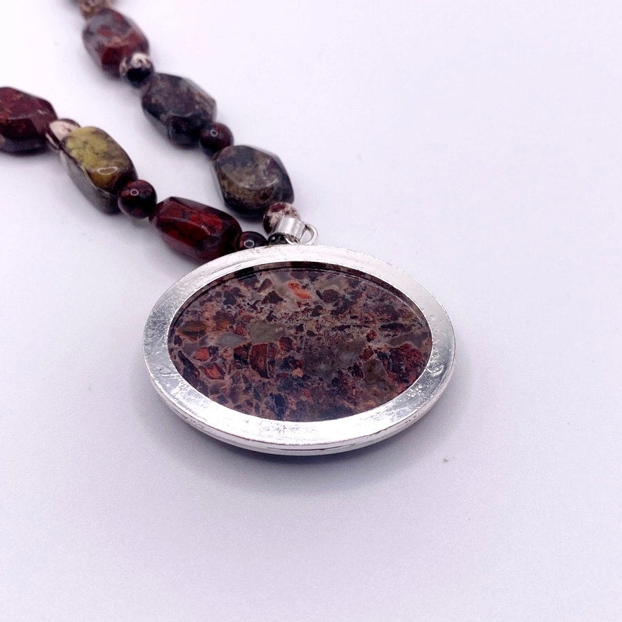 Vintage Red Agate and Jasper Beaded Necklace with Cabochon Pendant