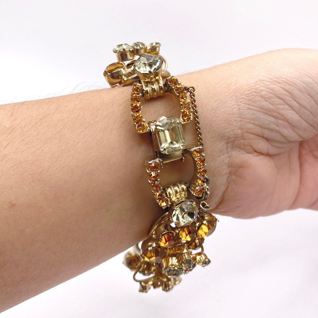 Juliana Vintage MidCentury Bracelet Beautiful Orange and Green Tone Rhinestones