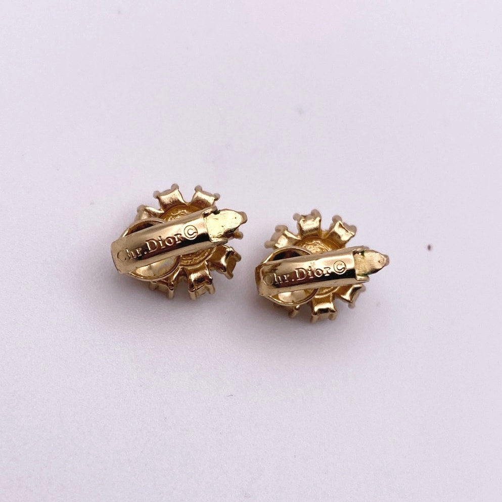 Christian Dior Vintage Small Clip On Earrings Gold Plated Flower Rhinestones