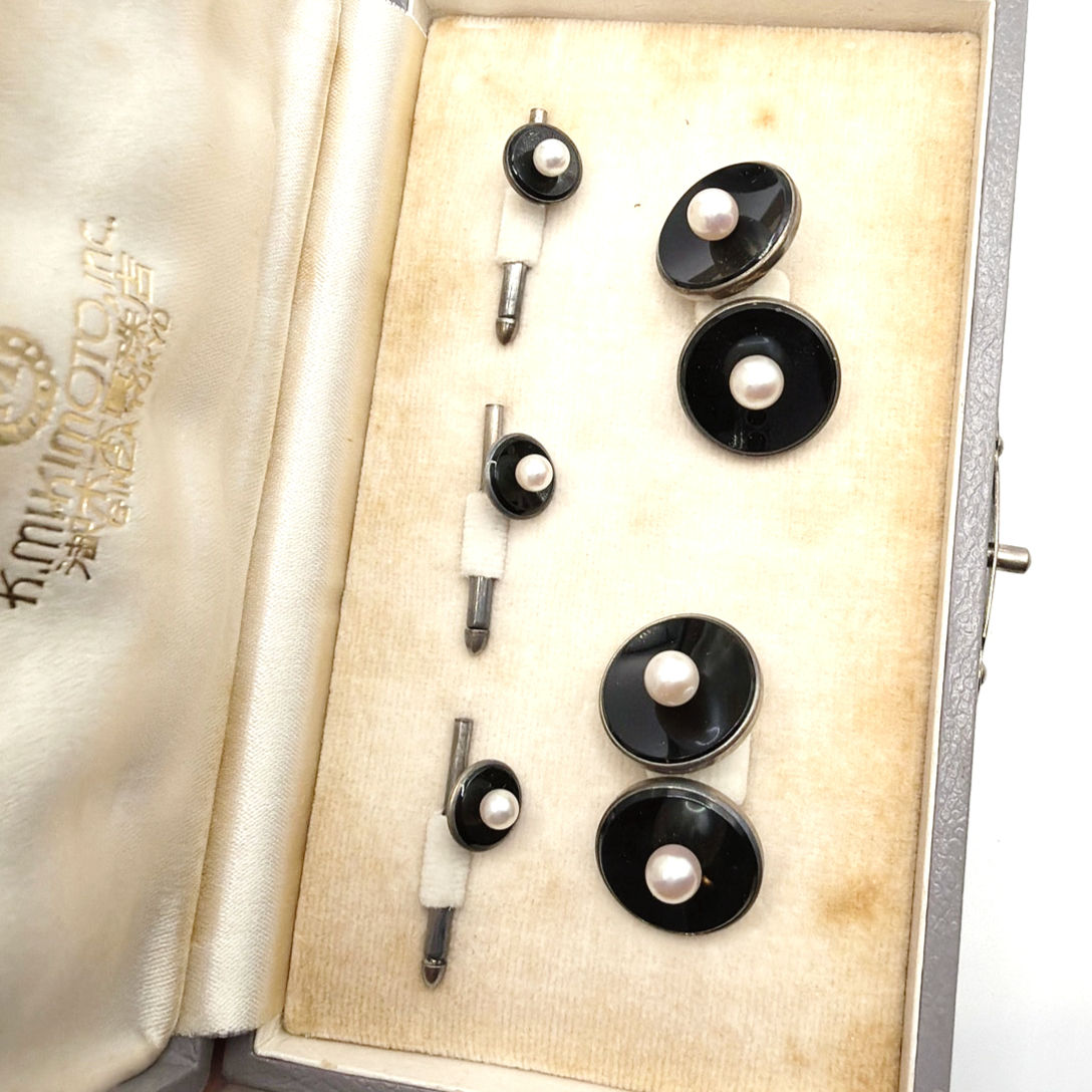 Mikimoto Vintage Sterling Silver Cufflinks & Shirt Stud Set Onyx Pearl Art Deco