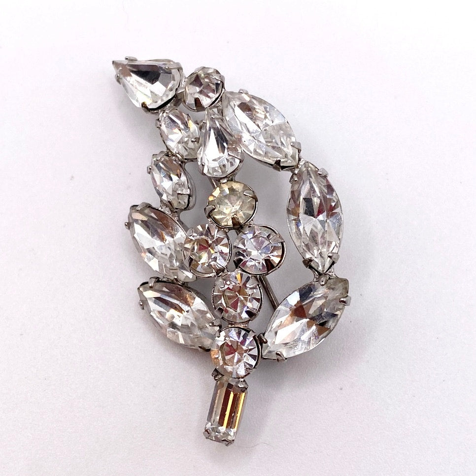 Vintage White Rhinestones Brooch Leaf Motifs