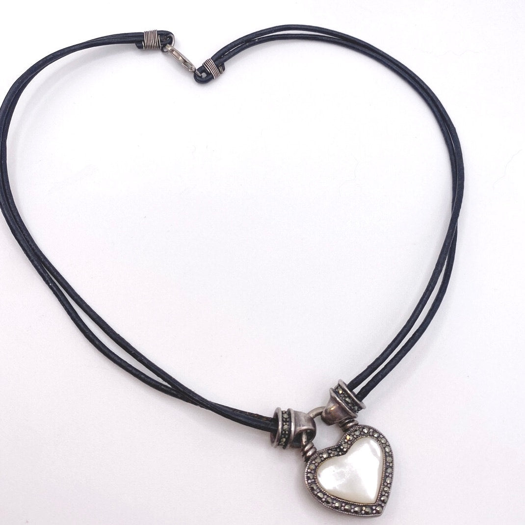 Sterling Silver Reversible Pendant Onyx and Mother of Pearl Necklace on a Cord