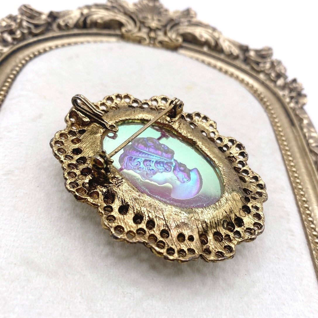 Vintage Brooch and Pendant Intaglio Glass Cameo Gold Tone Filigree Chrome 2”