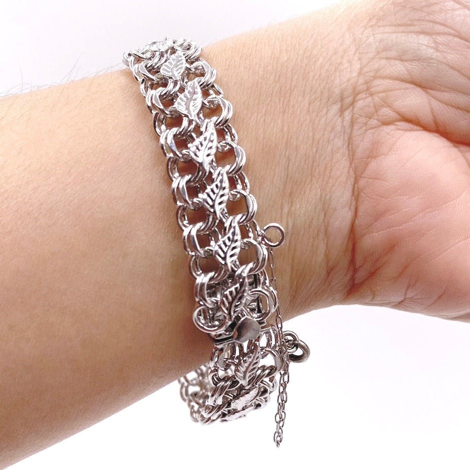 Vintage Sterling Forstner Bracelet 925 With Safety Chain and Leafs Motifs 6.5”