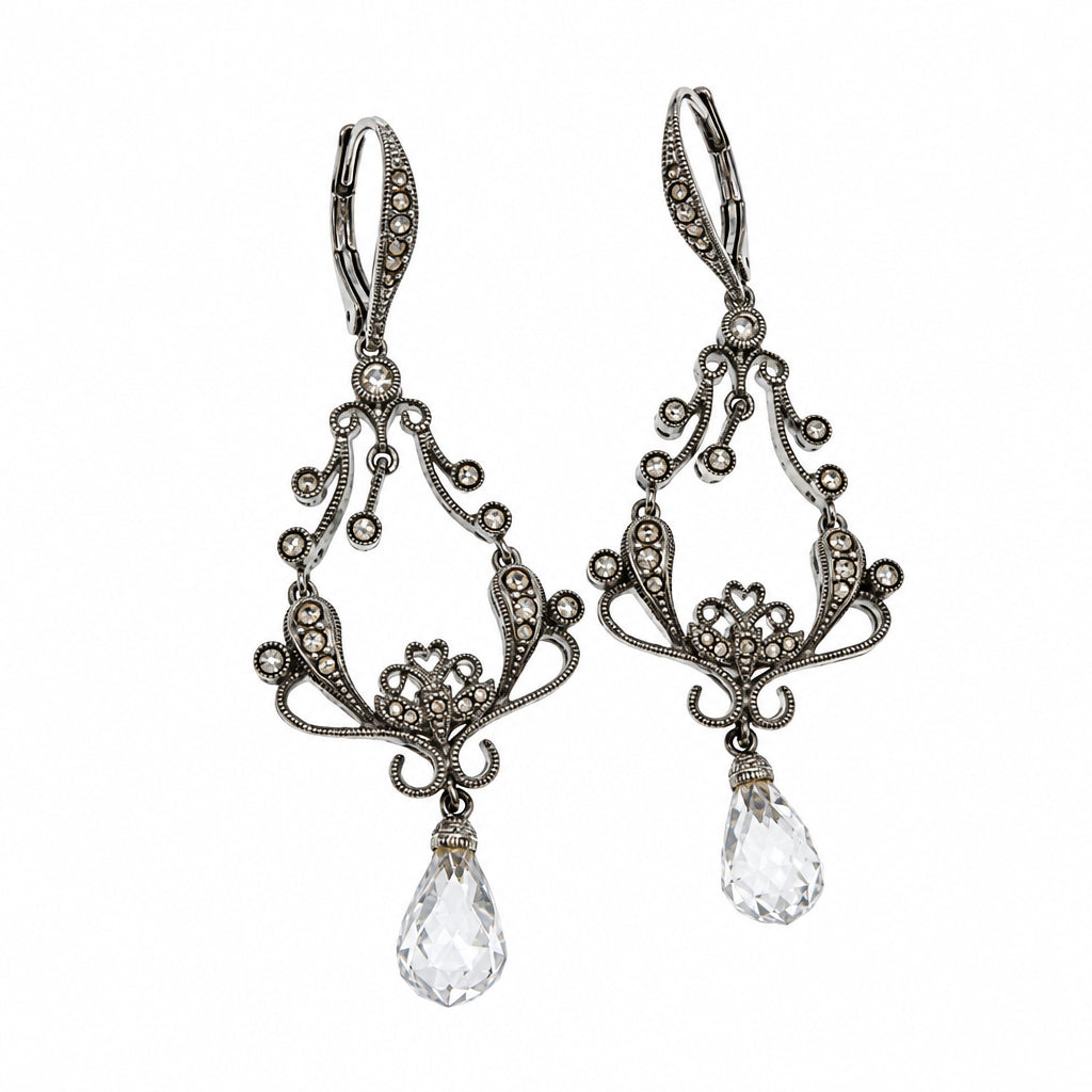 Vintage Drop Silver Tone and Crystals Earrings