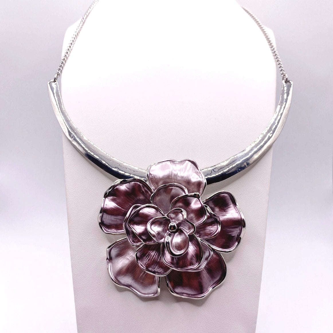 Purple Enamel Flower Pendant Bib Necklace