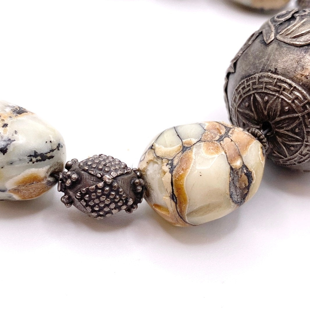 Vintage Jasper Stone Beads And Silver Tone Ornamented Metal Beads Necklace 16”