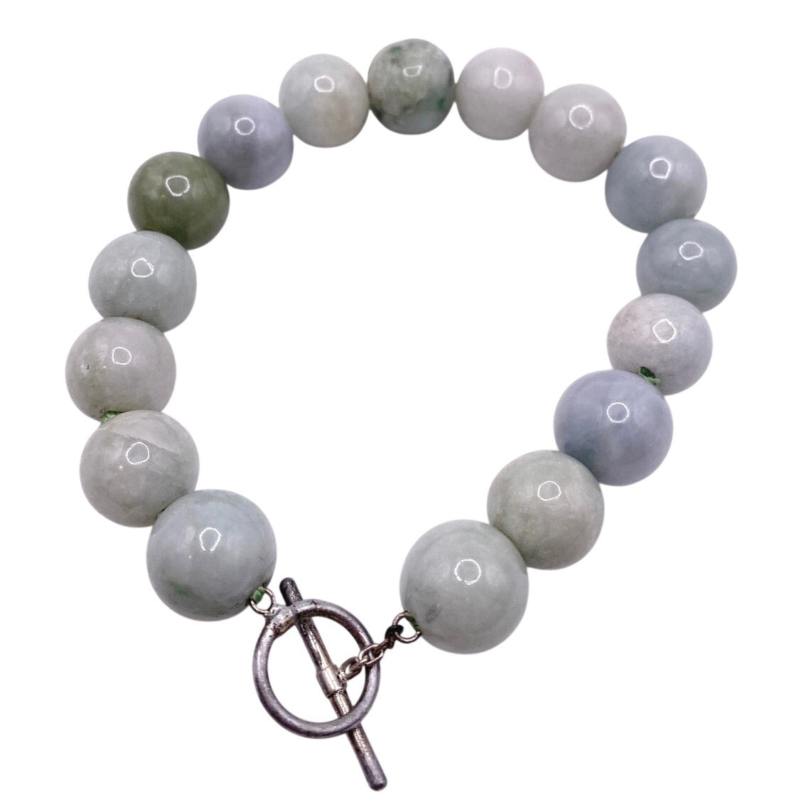 Burmese Jadeite Jade Beaded Bracelet With a Metal Toggle clasp 9”