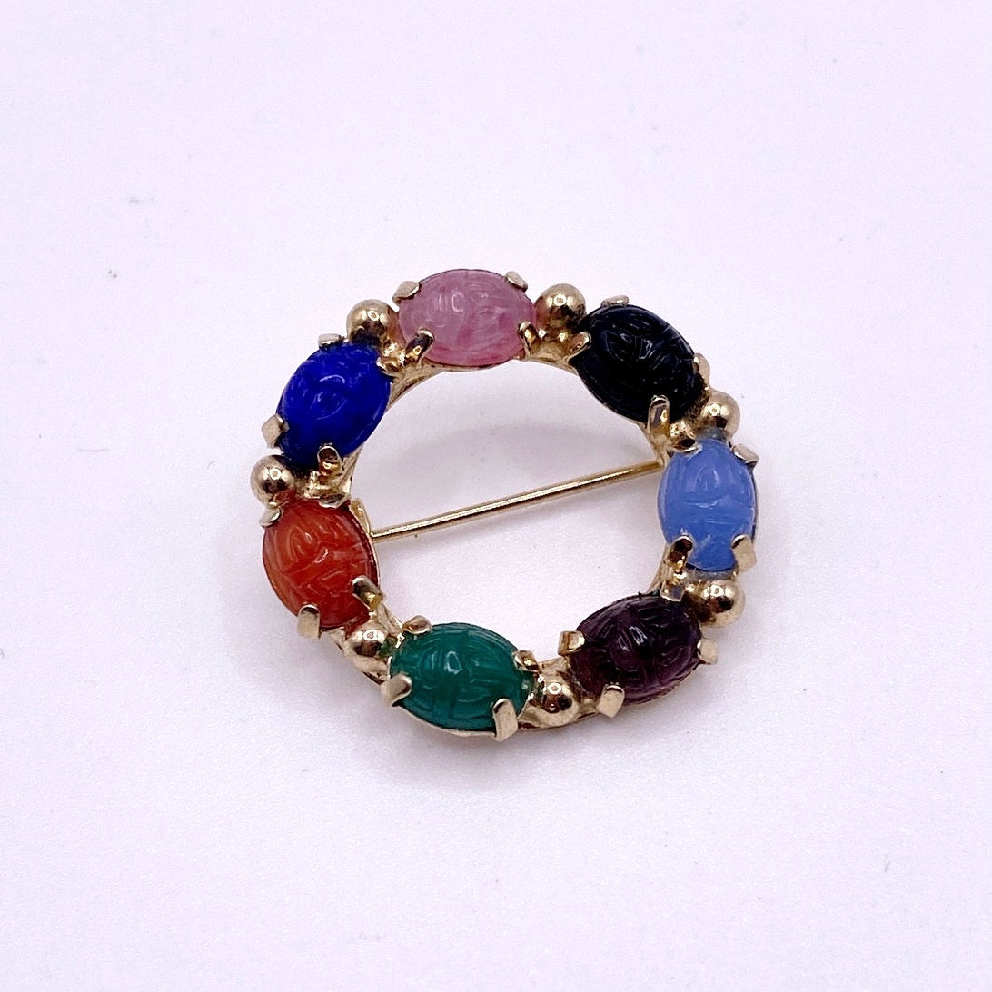 Vintage Egyptian Revival Scarab Gemstones Brooch 1” Long