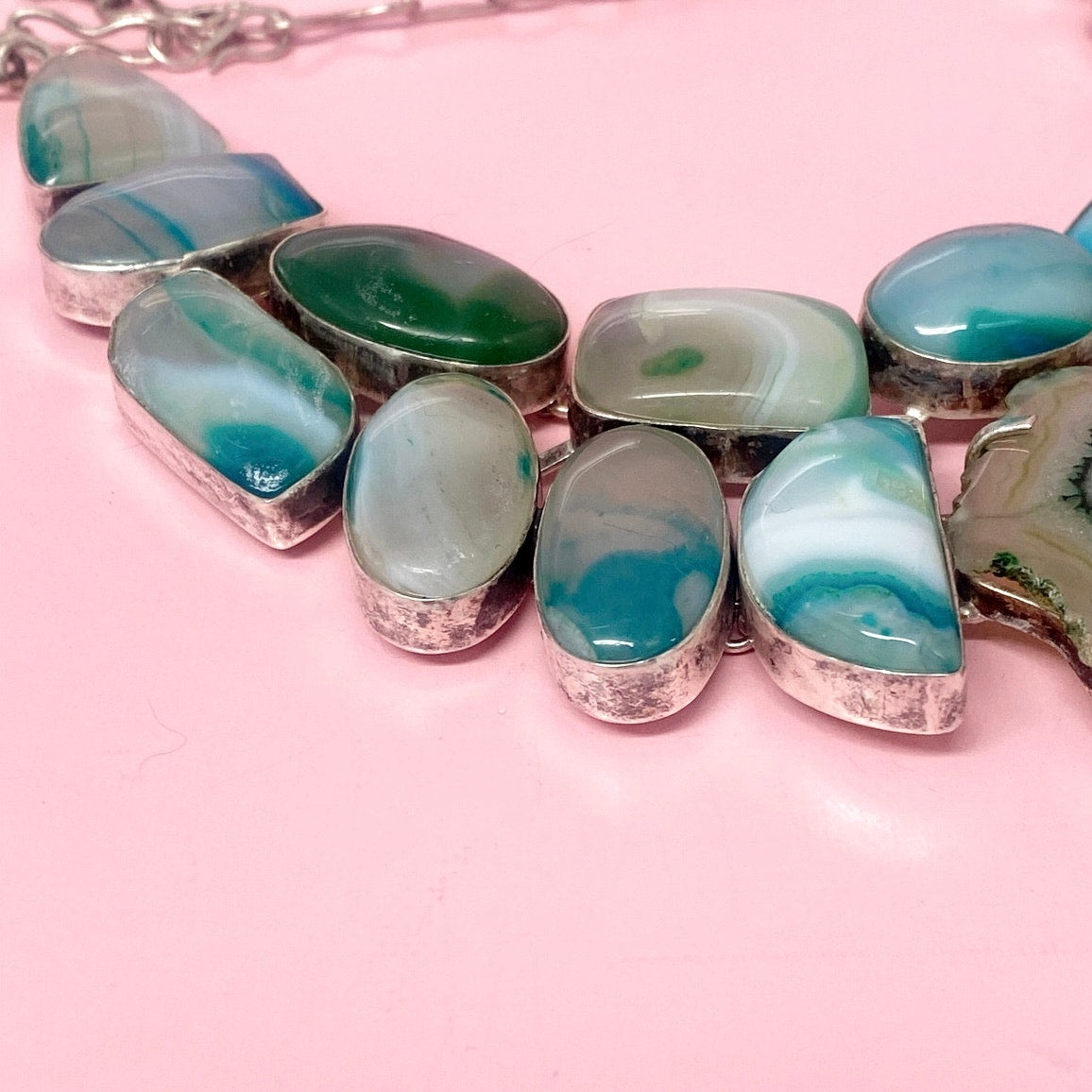Dyed White Agate Green Tone Sterling Silver Plated Statement Necklace