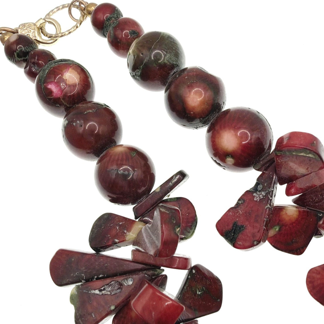 Red Coral Beaded Long Necklace With Chinese Cloisonné Pendant 20”