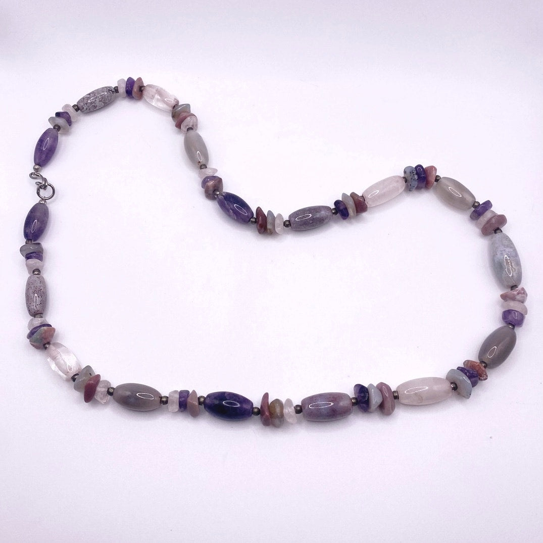 Vintage Handmade Amethyst and Mixed Gemstones Necklace Beautiful Polished