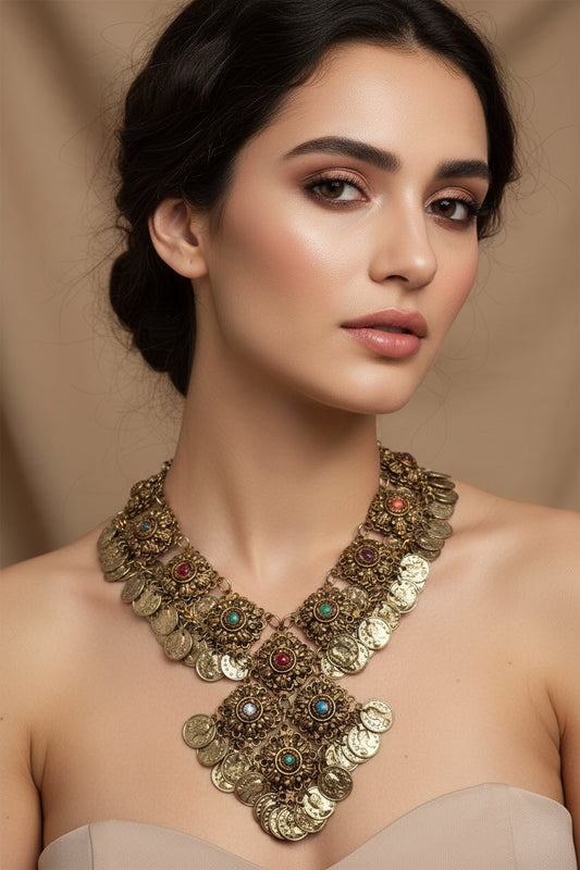Ottoman Revival Vintage Coin Statement Necklace 18"
