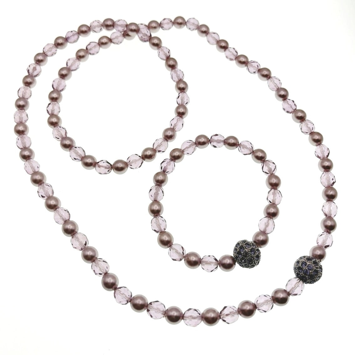 Joan Rivers Faux Pearls and lucite beads Stretchy Necklace 30” and Bracelet 7”