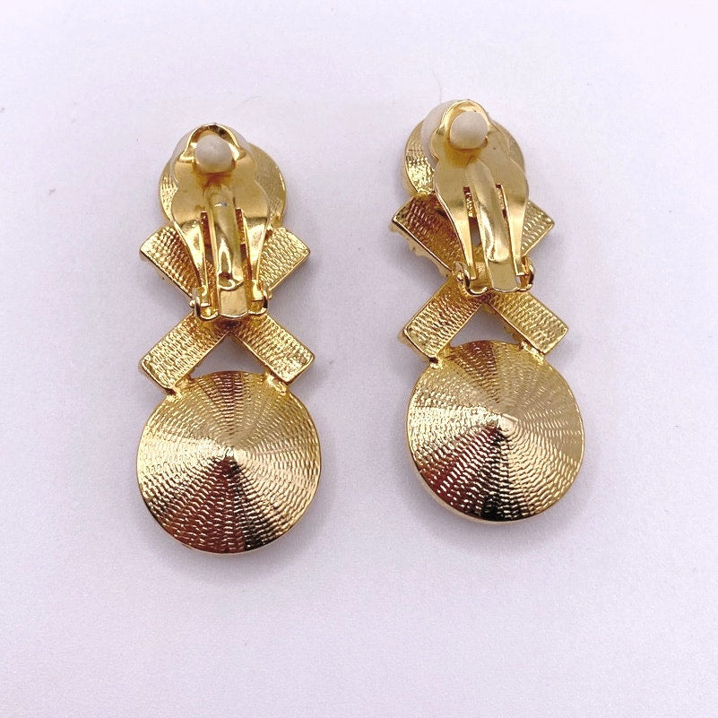Vintage Clip On Earrings Ravioli White Stones and Rhinestones Gold Tone
