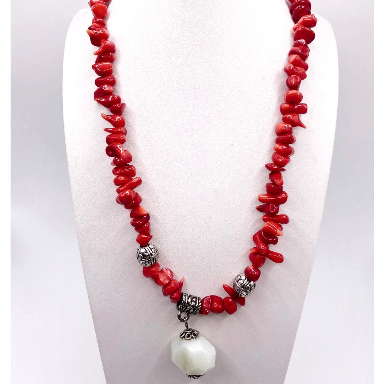 Red Coral Beaded Necklace with Green Lace Jade Pendant 16” Long