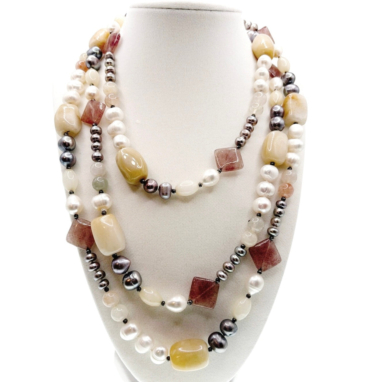 Gemstones and Pearls Knotted Vintage Extra Long Necklace 66” One Strand