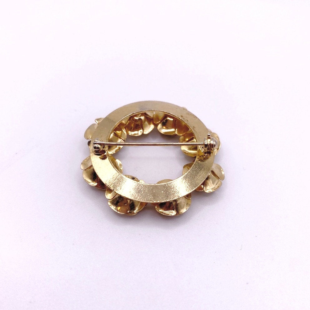 Vintage Mesh Metal Flower Crown Brooch Gold Tone Filigree