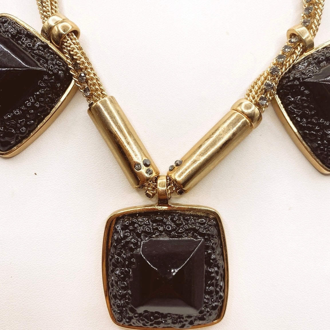 Kenneth Cole Black Lucite Necklace Gold Tone
