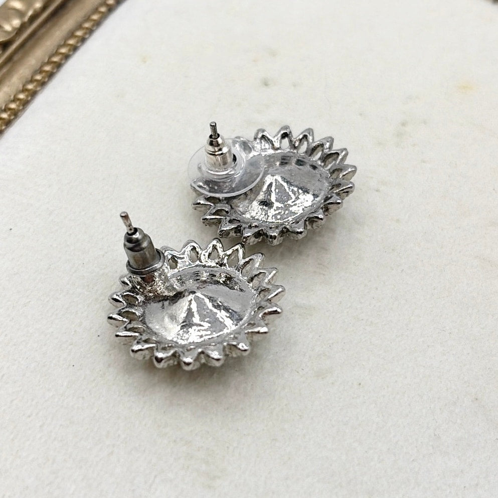 Forest Green Vintage Rivoli Rhinestone Stud Earrings Silver Tone