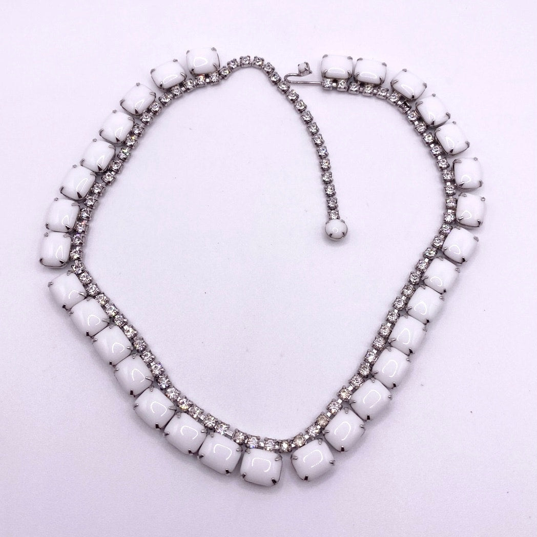 Delicate Vintage Milk Glass and Rhinestones Necklace 16”